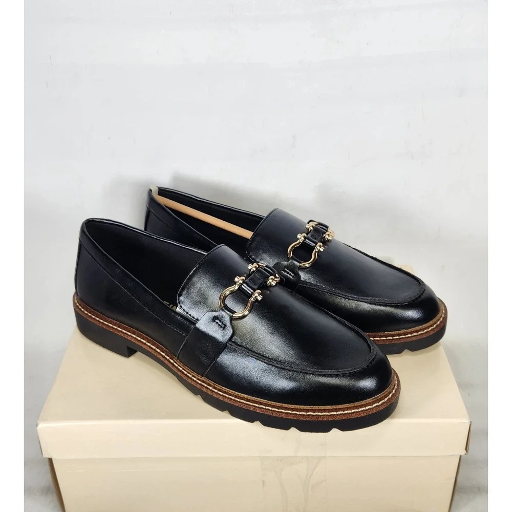 Anne Klein Ezra Loafers Women Size 8.5 Black Smooth Gold Bit Lug Sole